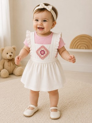 Lino Baby Ekru Fırfırlı Motif Nakışlı Kız Bebek 2'li Elbise Takım