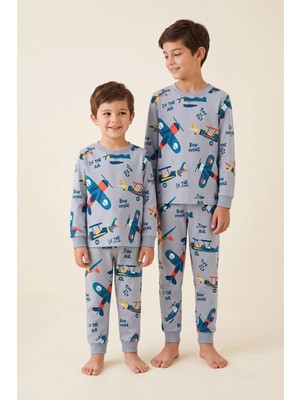 Zuzunga Time To Fly Gri Renk Uçak Desenli Erkek Çocuk Pijama Takımı