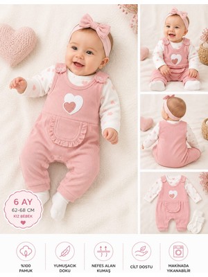 Lino Baby Pembe Kalp Desenli Kız Bebek 2'li Salopet Takım