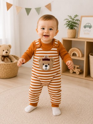 Lino Baby Kahverengi Ayıcık Desenli Erkek Bebek 2'li Salopet Takım