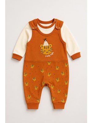 Lino Baby Turuncu Kaplan Nakışlı Erkek Bebek 2'li Salopet Takım
