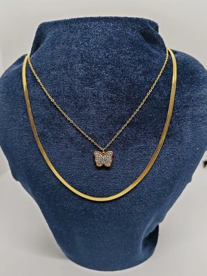 Cadde Dükkanı Kelebekli Italyan Zinciri Çelik 2li Gold Kolye
