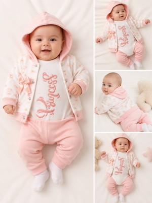 Lino Baby Pembe Kapüşonlu Çiçek Detaylı Kız Bebek 3'lü Takım