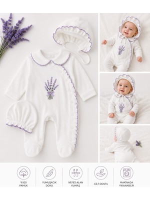 Lino Baby Ekru Lavanta Nakışlı Şapkalı Kız Bebek Tulum