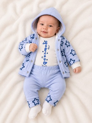 Lino Baby Mavi Kapüşonlu Yıldız Baskılı Erkek Bebek 3'lü Takım