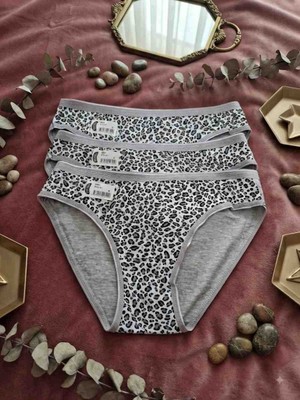 Shine Elagance Gri 3'lü Leopar Desenli %92 Pamuk %8 Elastan Kadın Külot