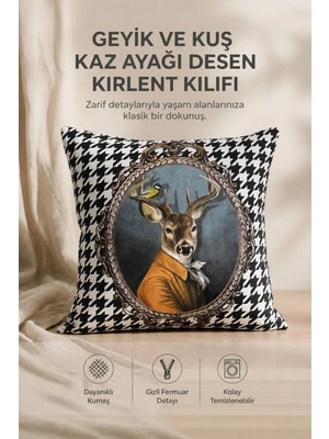 Geyik ve Kuş Kaz Ayağı Desen Kırlent Kılıfı