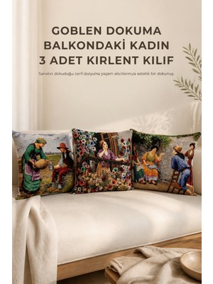 Goblen Dokuma Balkondaki Kadın 3 Adet Kırlent Kılıf