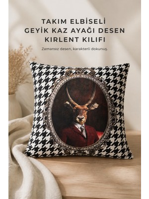 Takım Elbiseli Geyik Kaz Ayağı Desen Kırlent Kılıfı