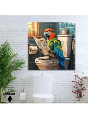 Tekli Kare Kanvas Banyo Tablosu Gazete Okuyan Renkli Papağan, 50 x 50