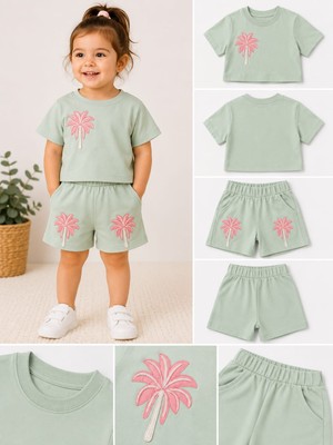 Lino Baby Mint Yeşili Çiçekli Kız Bebek ve Çocuk 2'li Alt Üst Takım