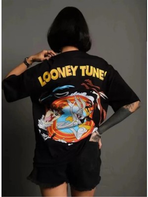 Moontime Alaçatı Unisex Bisiklet Yaka Baskılı Oversize T-Shirt - Siyah