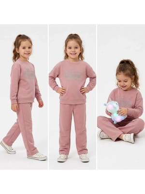 Bemy Store 5/12 Yaş Taşlı Yazılı Pamuk Penye Çocuk Takımı