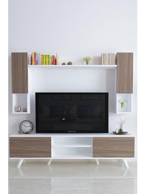 Kapaklı Minimal Tv Sehpası 136 cm Beyaz Antik Ceviz