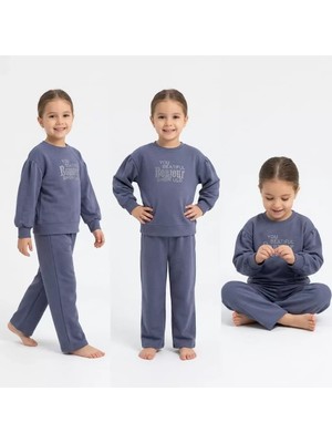 Bemy Store 5/12 Yaş Taşlı Yazılı Pamuk Penye Çocuk Takımı