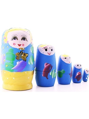 Moontime Alaçatı Ahşap Tombul Iç Içe Matruşka Bebek Mavi Set 5li Büyük Boy