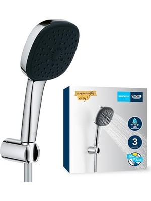 Aydogan's Grohe Vitalio Comfort 110 El Duşu Seti, 110MM Kare 3 Akışlı, Masaj, Yağmur ve Jet Duşu, Duş Başlığı Tutucu, 1750MM Duş Hortumu, Krom, 26176001