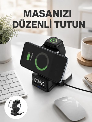 Shopwave Dijital Saatli Kablosuz Şarj Istasyonu – 3’ü 1 Arada Uyumlu Hızlı Şarj ve LED Ekran Yeni Nesil