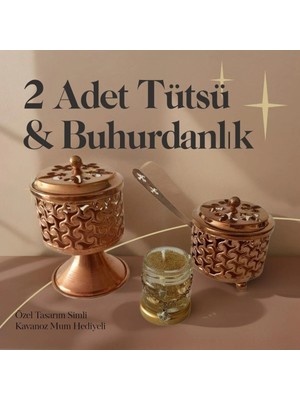 Moontime Alaçatı 2 Adet Bronz Renk Şık Tasarımlı Metal Tütsü & Buhurdanlık Seti (Simli Mum Hediyeli) Mod8