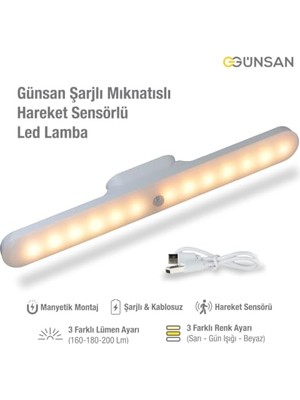 Aydogan's Günsan Şarjlı Mıknatıslı Hareket Sensörlü LED Lamba - Dolap Içi, Mutfak, Kitaplık, Tezgah Altı Aydınlatma - 3 Renk Modu - Dim Edilebilir - Işık Hafızalı