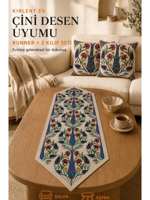 Çini Desen Goblen Dokuma Runner ve Goblen Kılıf Set