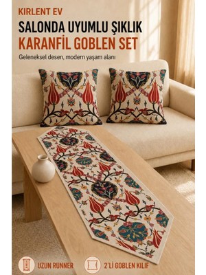 Karanfil Desen Goblen Dokuma Runner ve Goblen Kılıf Set