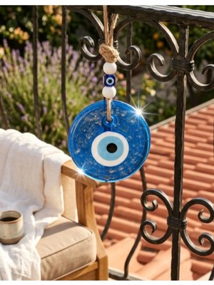 Moontime Alaçatı El Yapımı Hediyelik Dekoratif Nazar Boncuğu, Simli ve Ipli, Mavi 11 cm Duvar Süsü, Cam Nazarlık
