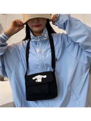 Moontime Alaçatı Cinnamoroll Baskılı Cep Detaylı Unisex Kanvas Siyah Omuz Çantası