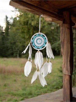 Moontime Alaçatı El Yapımı Örgü Dantel ve Kuş Tüyü Süslemeli Düş Kapanı Dreamcatcher 12X45 cm