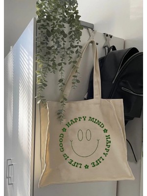 Moontime Alaçatı Happy Mind Baskılı Körüklü Kanvas Çanta