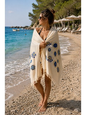 Buldan Natura Mavi Tılsım Nazar Göz Desenli 4 Kat Müslin Peştemal 100×180 cm – 5 cm Saçaklı – Krem