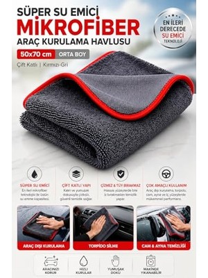 Odea Süper Su Emici Özellikli Mikrofiber Araç Kurulama Havlusu 50X70 Cm, Orta Boy Çift Katlı Araç Kurutma ve Torpido Silme Bezi (Kırmızı-Gri)