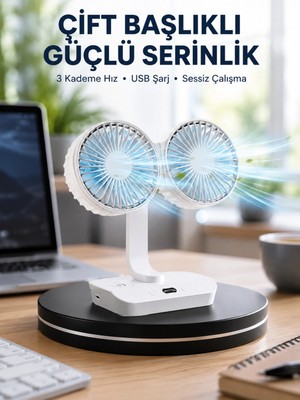 Hace Bazaar Sessiz Çalışan USB Şarjlı Çift Kafalı Masaüstü Fan – Ev ve Ofis Için