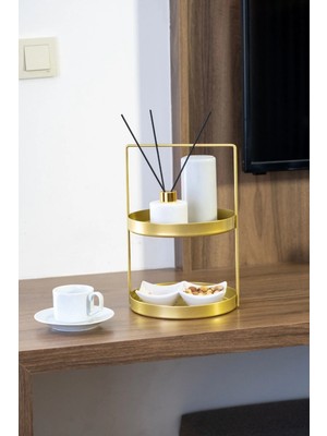 Moontime Alaçatı 2 Katlı Gold Metal Organizer - Çok Amaçlı Düzenleyici - Fonksiyonel Sunumluk - 21X21X32 cm