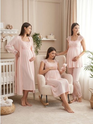 Lohussa Kadın Pembe Dantelli Pamuklu Hamile Lohusa Sabahlık Pijama Takımı Gecelik 4'lü Set