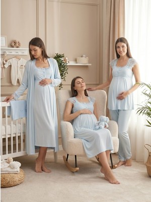 Lohussa Kadın Mavi Dantelli Pamuklu Hamile Lohusa Sabahlık Pijama Takımı Gecelik 4'lü Set
