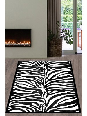 Moontime Alaçatı Dijital Baskılı Kaymaz Taban Yıkanabilir Siyah Çerçeveli Zebra Desenli Salon Halısı