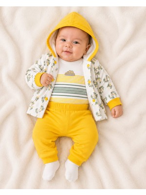 Lino Baby Sarı Kapüşonlu Çizgili Unisex Bebek 3'lü Takım