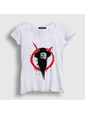Presmono Kadın Beyaz Logo V2 Film V For Vendetta T-Shirt