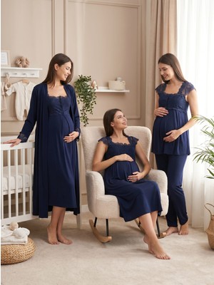 Lohussa Kadın Lacivert Dantelli Pamuklu Hamile Lohusa Sabahlık Pijama Takımı Gecelik 4'lü Set