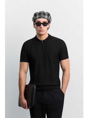 AVVA Erkek Siyah Polo Yaka Fermuarlı Kolay Ütülenen Kırışmaz Regular Fit Triko T-Shirt  A62Y5007