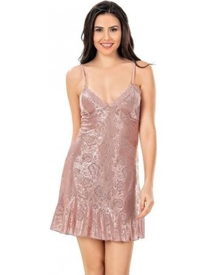 Hace Bazaar Dantel Işlemeli Ince Askılı Vizon Jakarlı Gecelik
