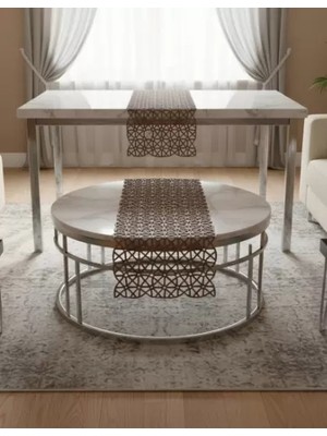Angles Model Kahverengi 5 Parça Salon Takımı Dantel Masa Örtüsü Runner Seti