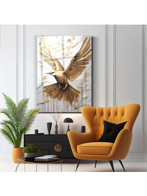 Moontime Alaçatı Cam Tablo Gold Kuş - Ev Dekorasyonu - Ofis Dekorasyonu - Gold - Kuş - Doğa - Sanatsal - Dikey