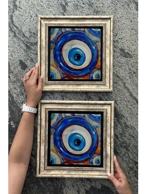 Moontime Alaçatı Eskitme Çerçeveli Taş Uyumlu Duvar Dekoru Tablo 30X30 cm 2'li Set Nazar Boncuğu