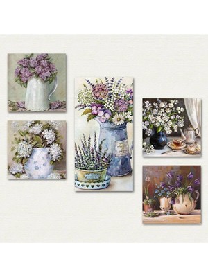 Moontime Alaçatı Dekoratif Çiçek Görselli Ev Dekorasyon Collage 5 Parça Mdf Tablo