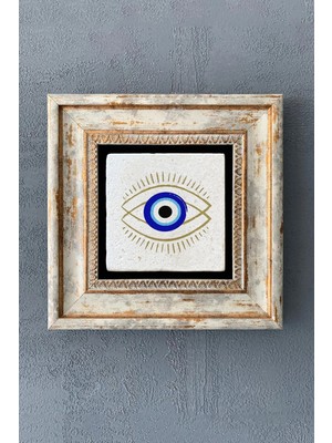 Moontime Alaçatı Çerçeveli Taş Duvar Dekoru Tablo 20CM x 20CM Nazar Boncuğu Göz / Evil Eye Bead