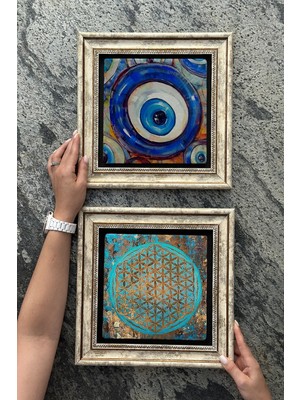 Moontime Alaçatı Eskitme Çerçeveli Taş Duvar Dekoru 30X30CM 2'li Set (1104-462) Bereket Bereket Dua