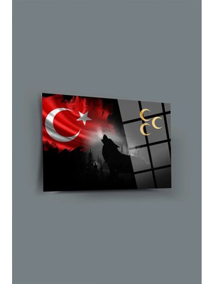 Moontime Alaçatı Bozkurt Üç Hilal Türk Bayrağı Cam Tablo