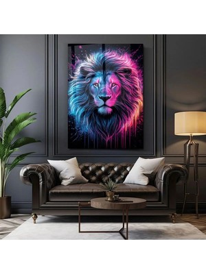 Moontime Alaçatı Cam Tablo Neon Kürklü Aslan - Duvar Dekorasyonu - Ev Dekorasyonu - Ofis Dekorasyonu Dk